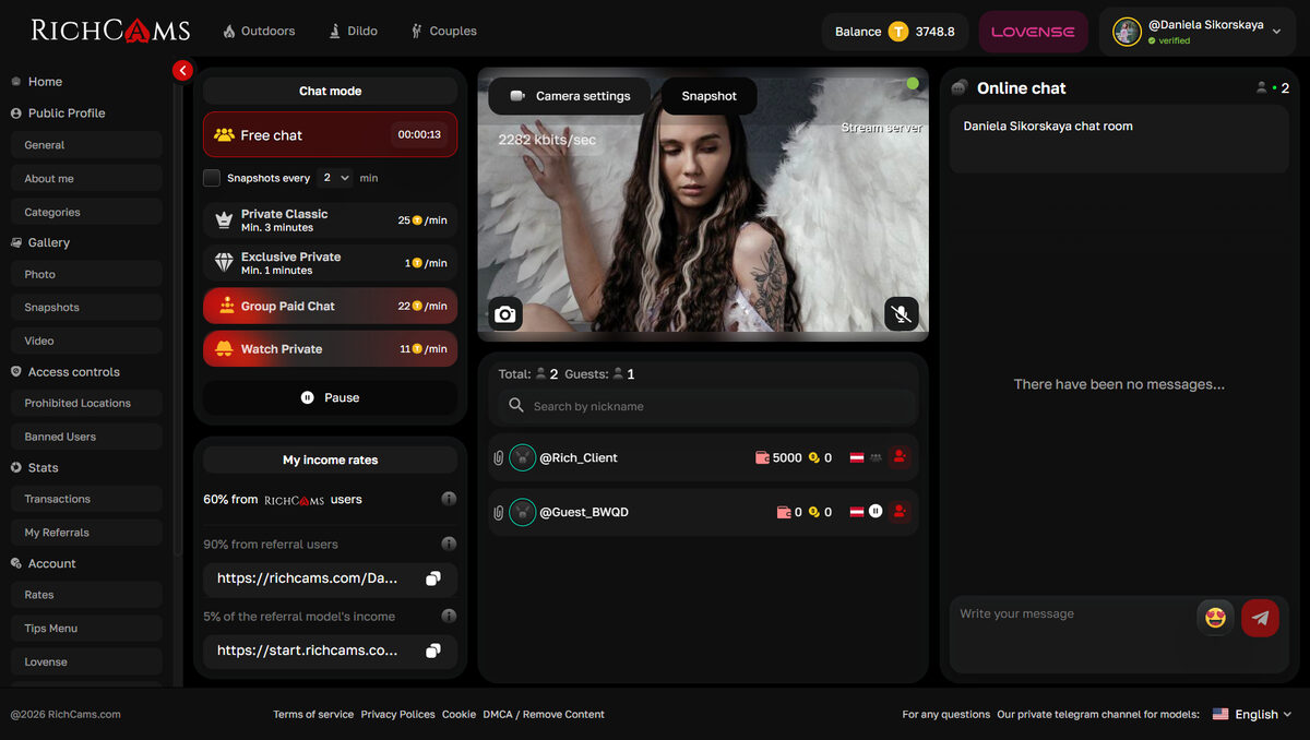 RichCams model dashboard — live streaming controls, earnings, Lovense integration